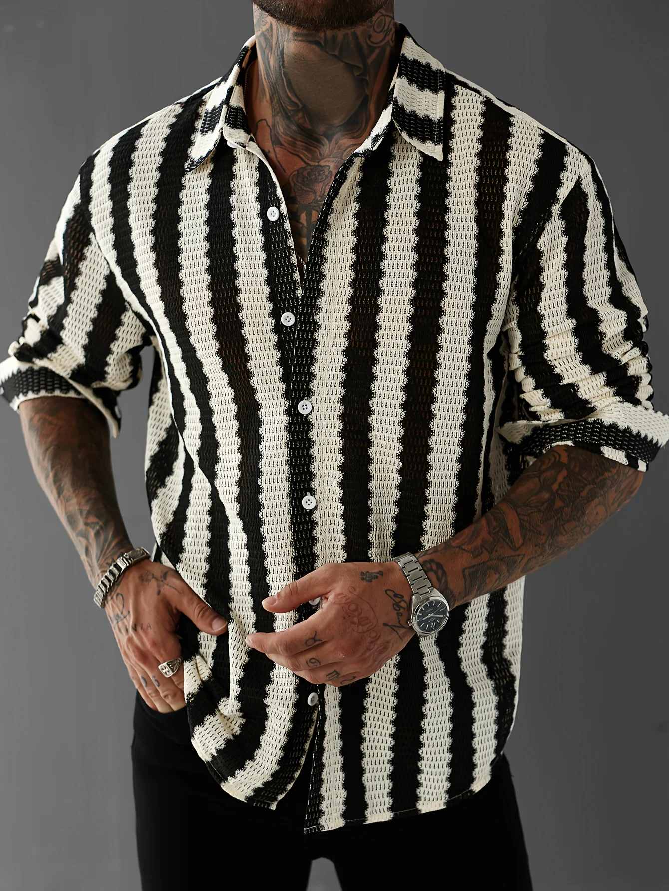 Men's Casual Button Down Shirt Old Money Vintage Vertical Stripe Waffle Knit Long Sleeve Turn Down Collar Streetwear Top S‑2XL