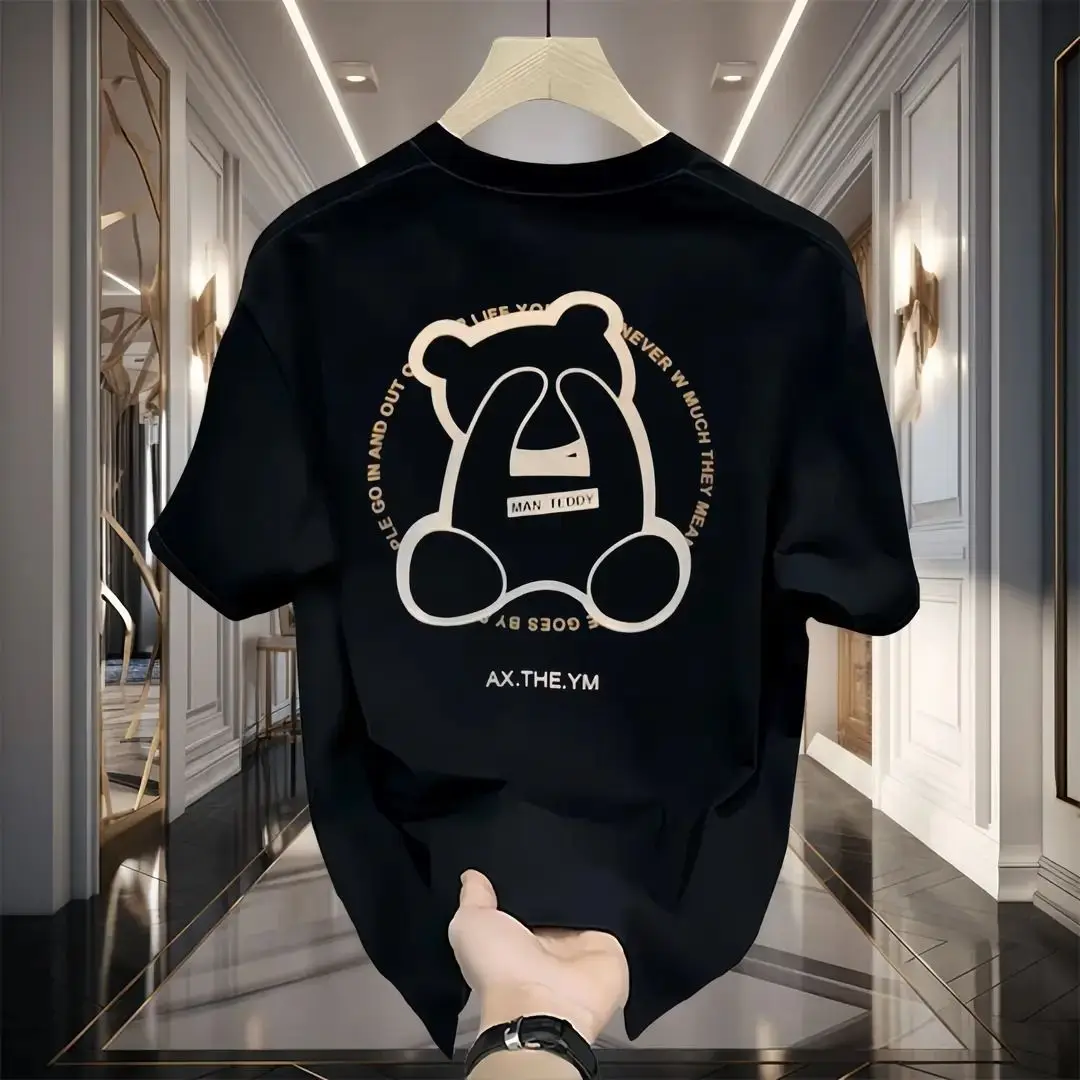 

2025 Summer American Animal Bear Pure Cotton Clothes Men's Short-sleeved Casual Loose T-shirt Couple Student Hong Kong Style