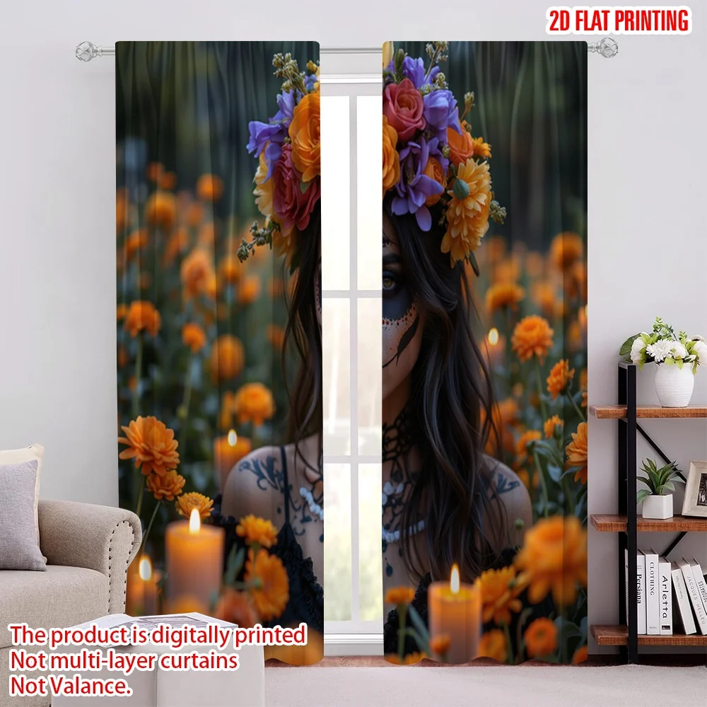 2pcs 2D flat printing Curtains Bright floral candy skeleton Digital Printed Polyester Drapes Party Decorations Perfect for Event