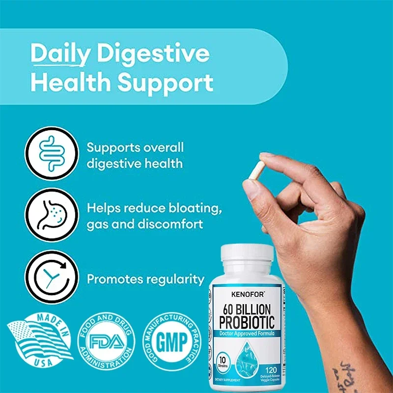 KENOFOR Probiotic Complex - Supports Digestive Health, Reduces Bloating, Gas & Discomfort, 60 Billion CFU 120 Capsules