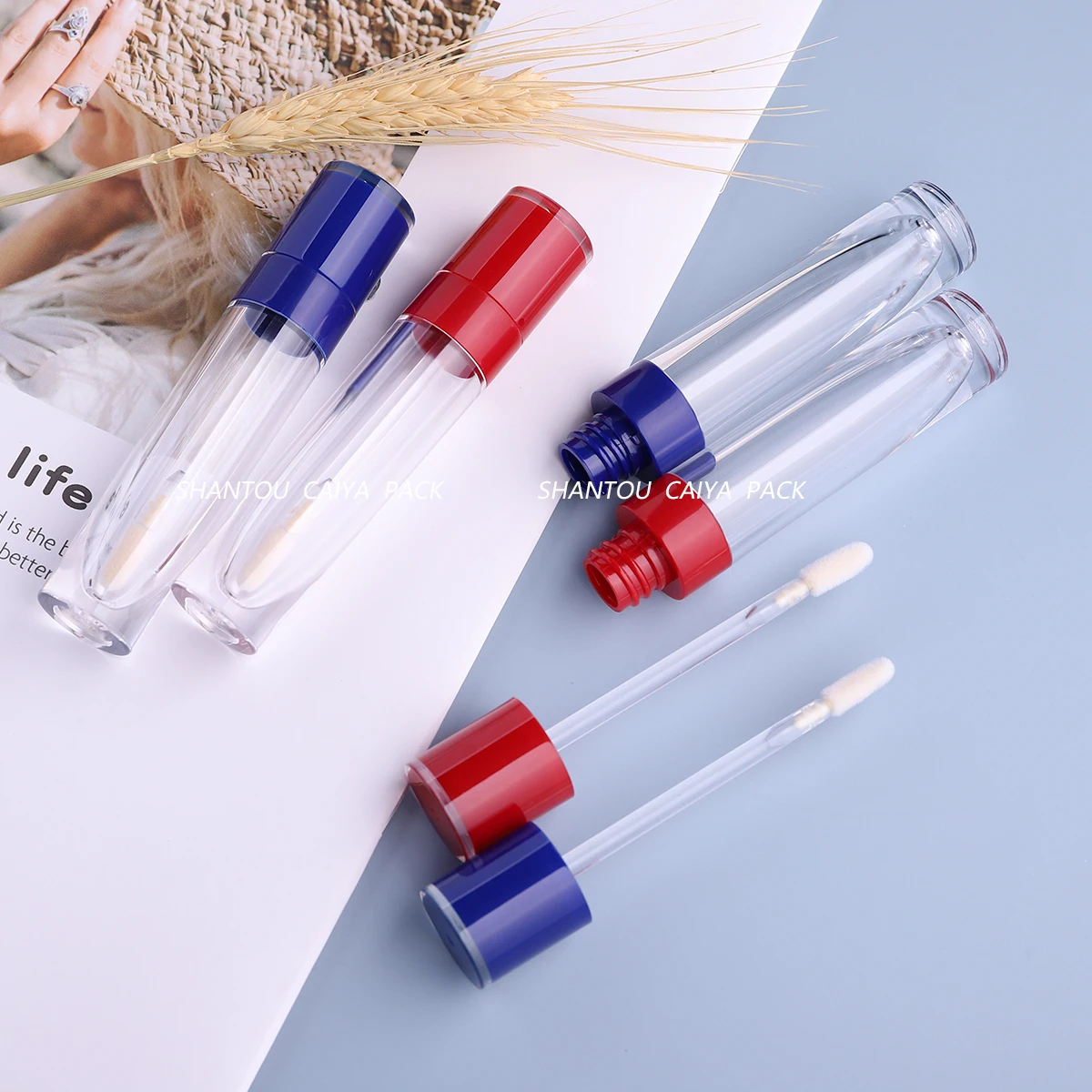 Contenedor de tubo de esmalte de labios DIY de 8ml con tapas rojas y azules, botella vacía de lápiz labial líquido, embalaje de tubos redondos de plástico para brillo de labios