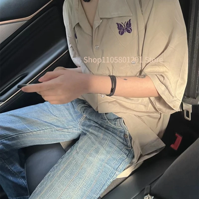 Loose‑Fit Unisex Retro Blouse, Camp Collar Button‑Down Shirt, Butterfly Embroidery Short‑Sleeve Casual Outer Top with Pockets