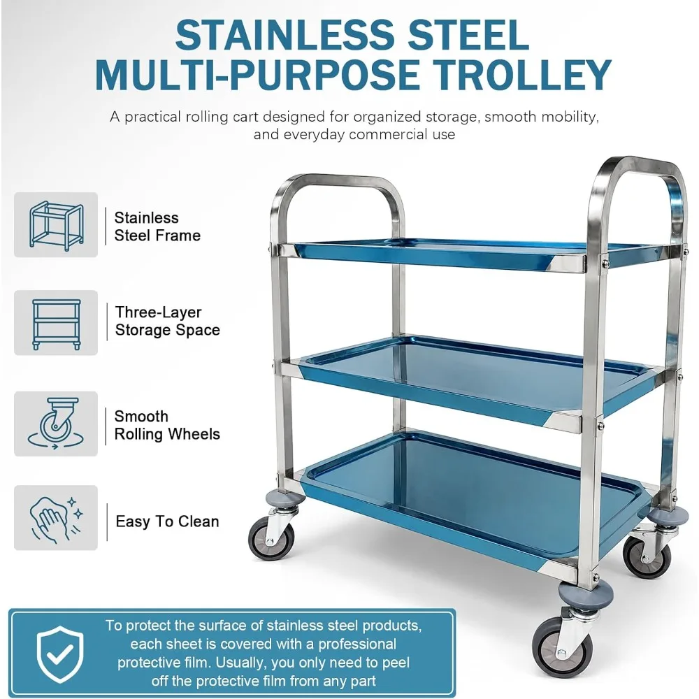 Stainless Steel Serving Trolley 3 Tier Utility Cart with Lockable Wheels for Restaurant Hotel Lab