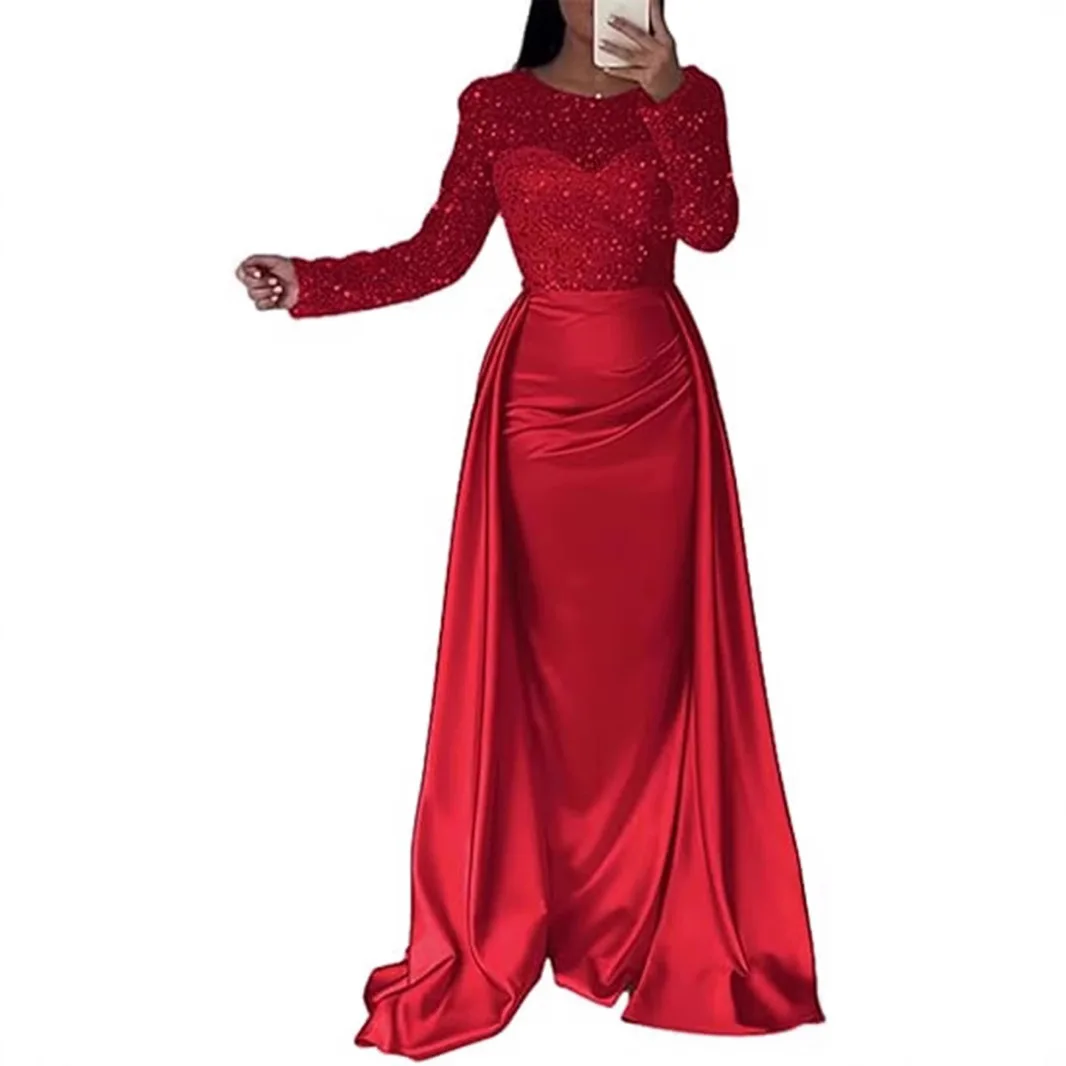 Elegant Satin Sequin Stitching Dress Luxury Glitter High Waist Gala Evening Dress Women Chic Long Sleeve Full Length Party Dress