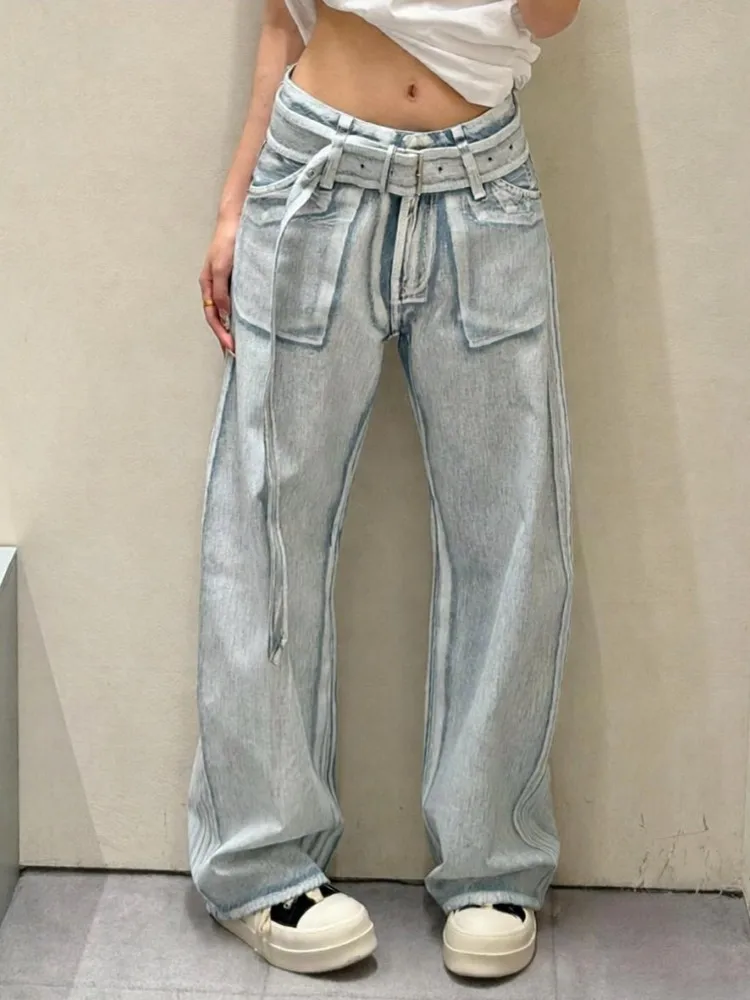 Fashion Designer Women Loose Fit Wide Leg Pants Boyfriend Style Casual Jeans Autumn New Belted Waist Long Trousers Streetwear
