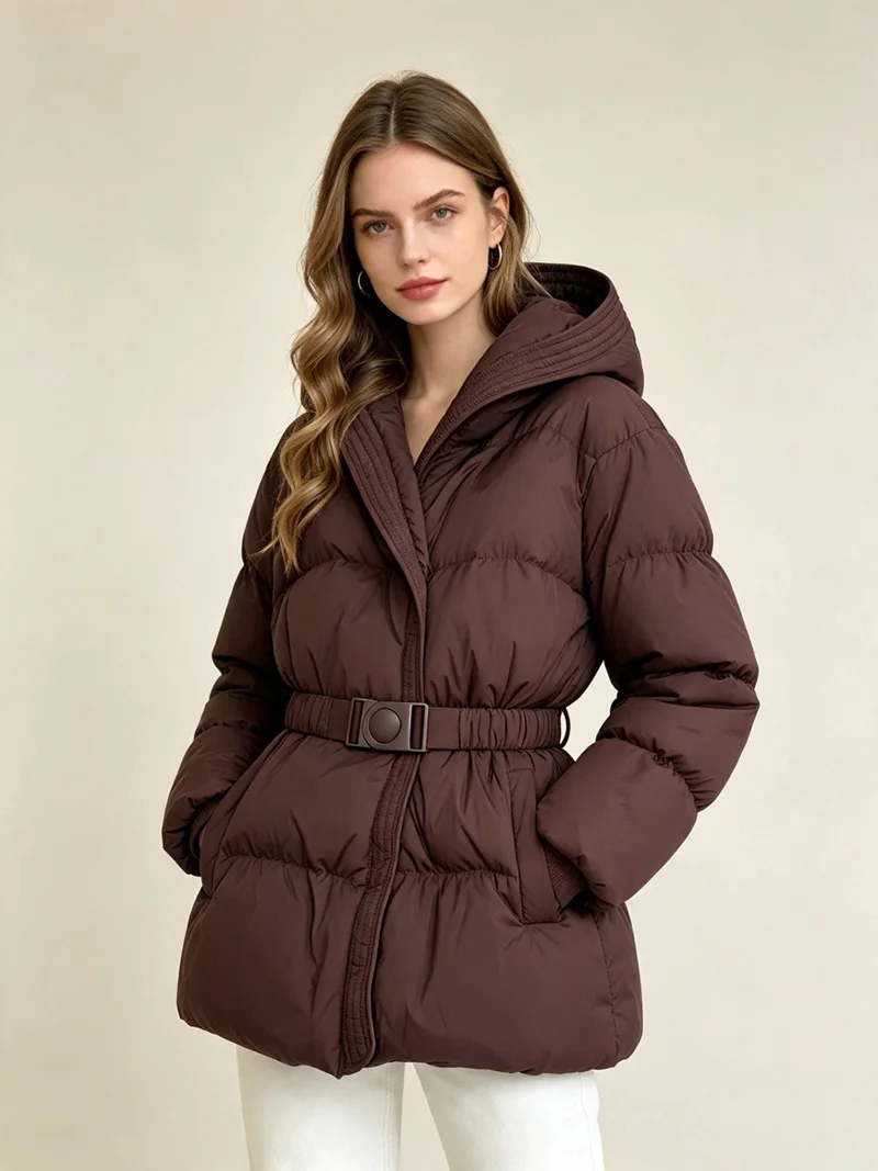 Schinteon Women White Down Jacket with Hood Solid Color Fashionable Autumn Winter Warm Outwear Parka Belt 2026 New Real Pictures
