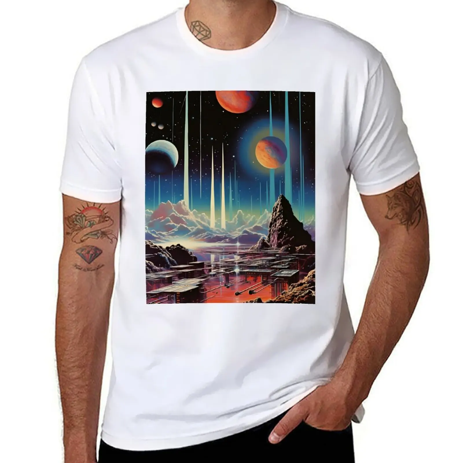 

Space Landscape of Futuristic City, Mountains, Planets and Shining Stars T-Shirt funny t shirts cotton T-Shirt