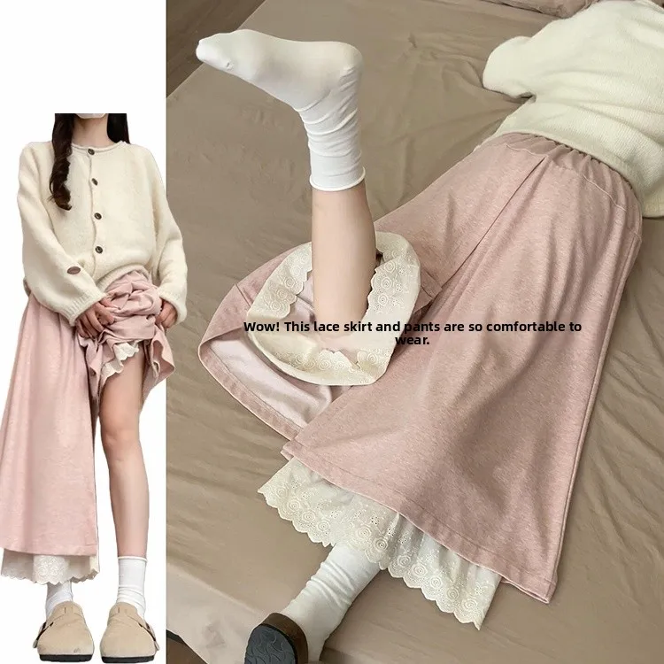 الكورية Sle عالية الخصر الدانتيل تقليم بنطال ذو قصة أرجل واسعة المرأة الخريف الشتاء Thiened Fce اصطف ثنى التخسيس تنورة السراويل