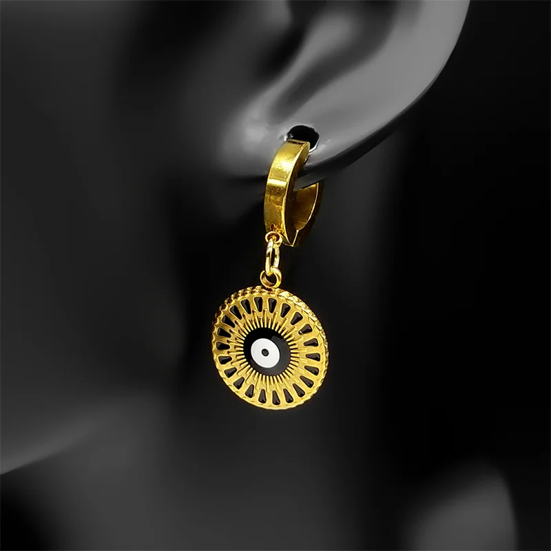 Boho Black Devil Eye Round Pendant Drop Earrings For Women Men Stainless Steel Gold Color Turkish Eye Hoop Earring Jewelry