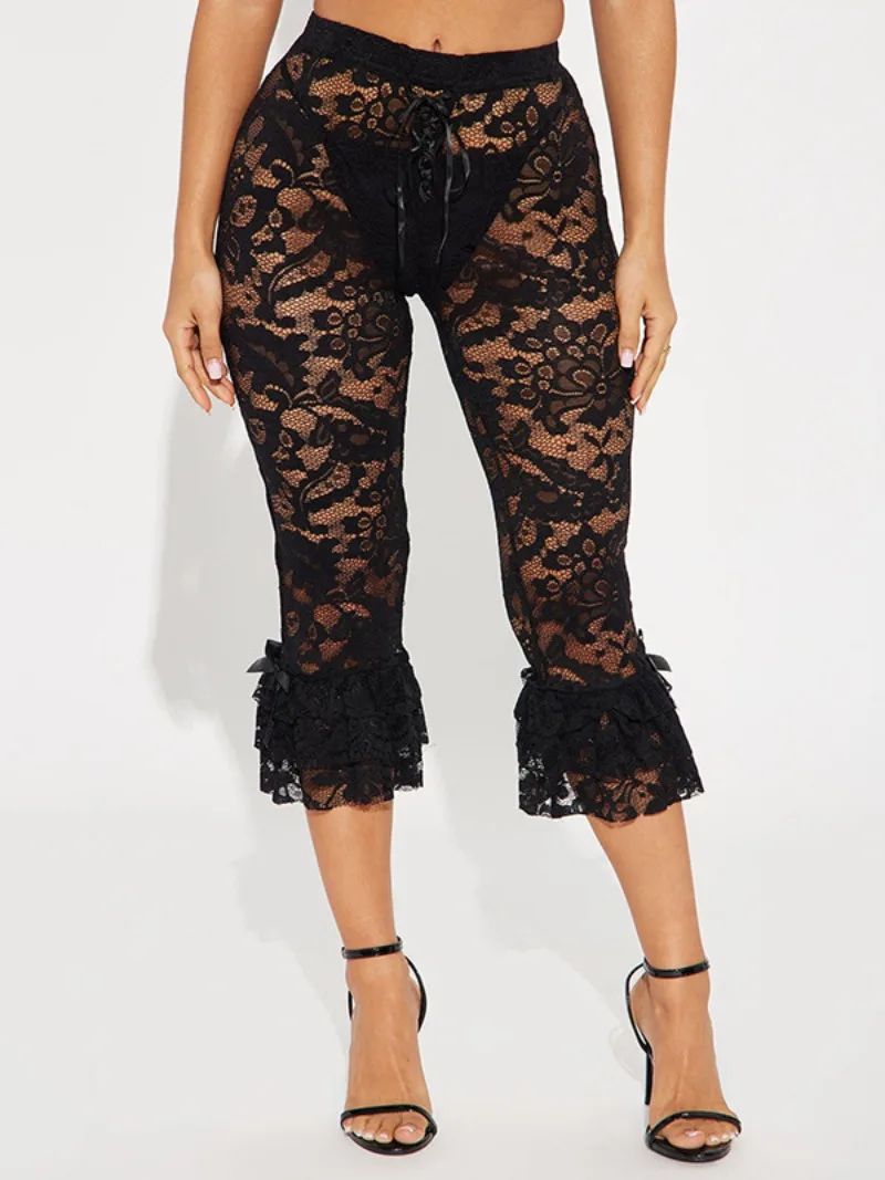 

Sexy Sweet Ruched Lace Leggings For Women High Waist See-through Pants Bandage Hollow Out Party Club Trousers Black White Pink
