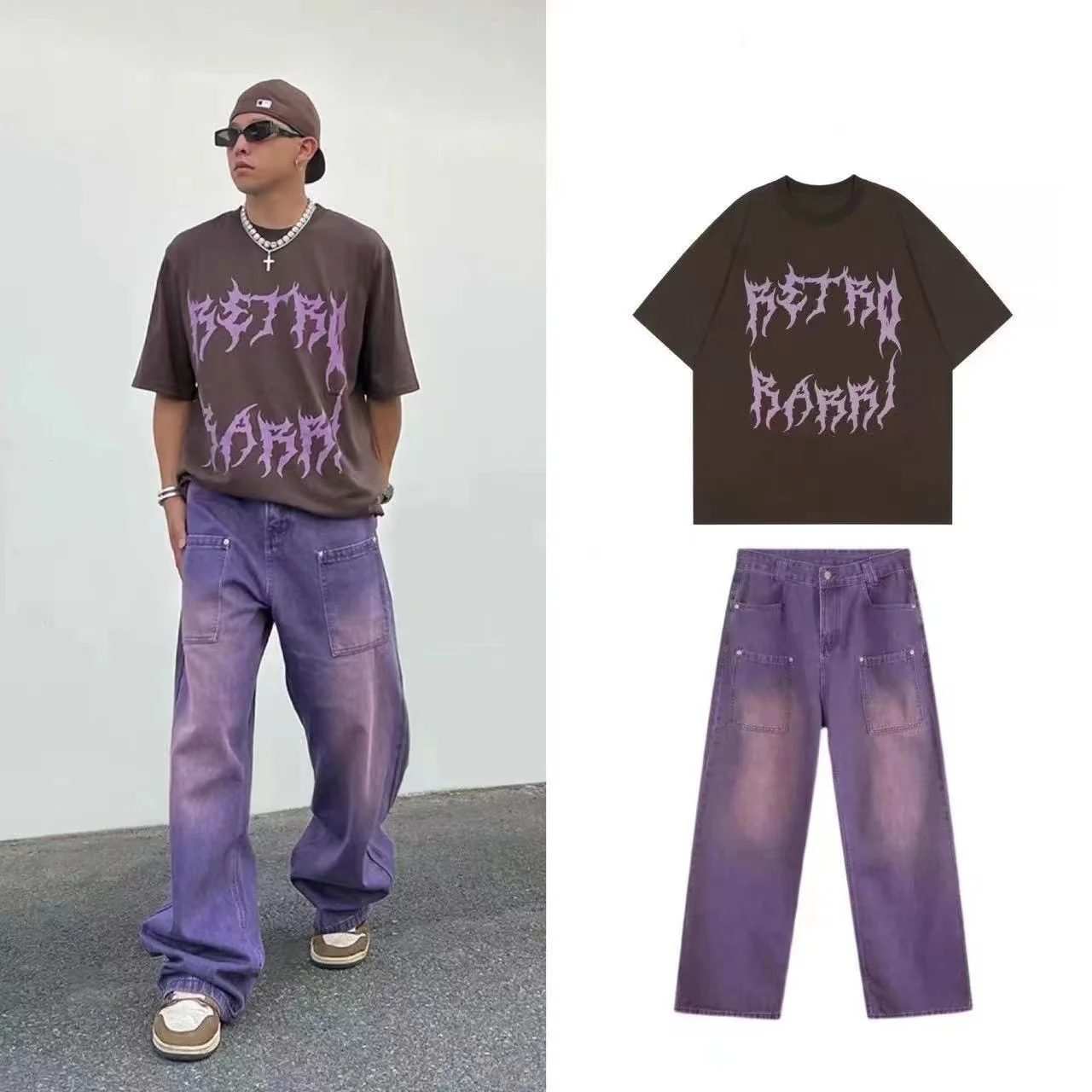 2023 Street made coordinates washed purple jeans for men and women with a unisex style loose fitting bf straight tube fall down