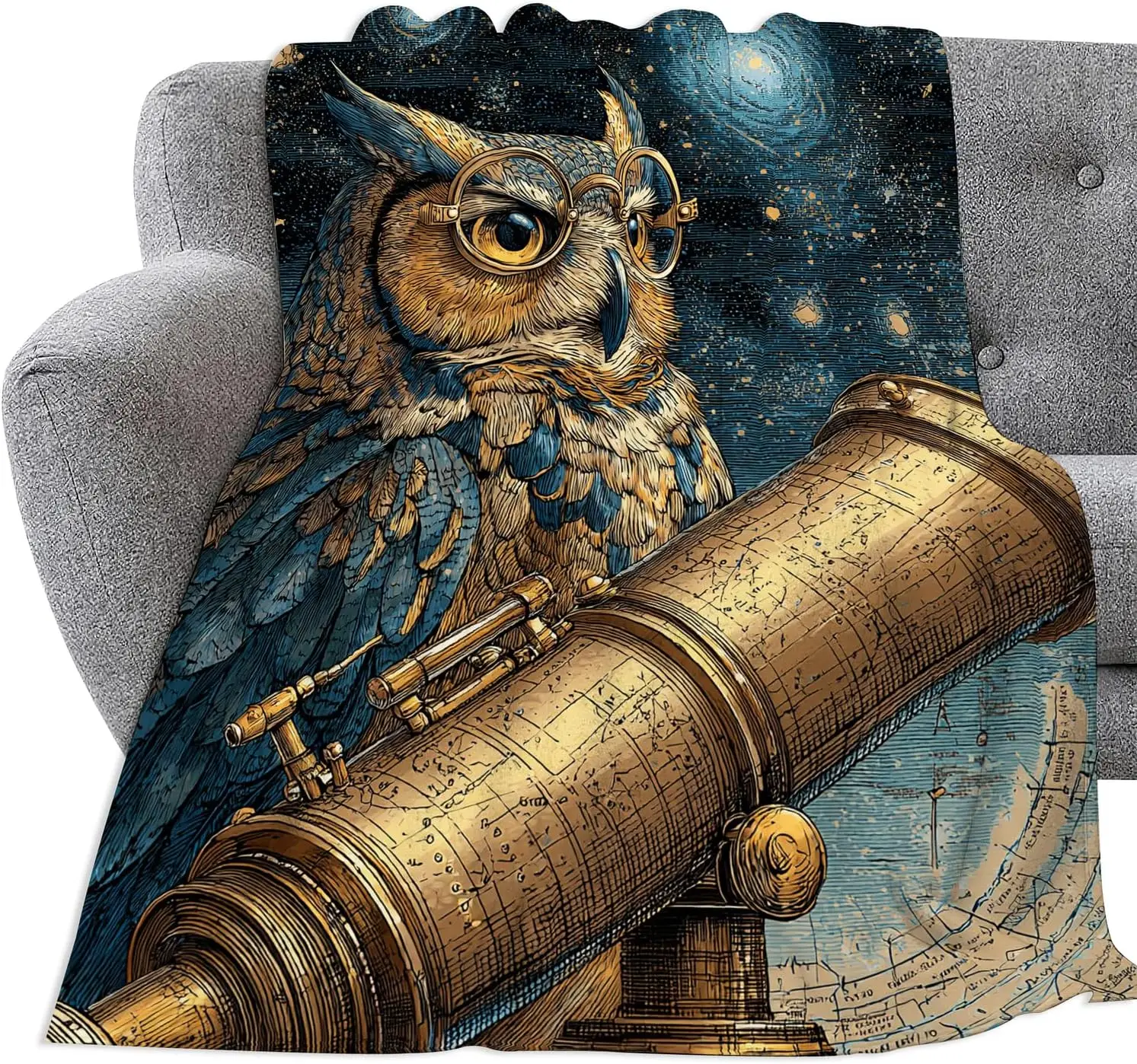 Celestial Astronomy Owl Telescope Throw Blanket Tapestry Starry Night Galaxy Constellation Home Decor Science Gift for Book Love
