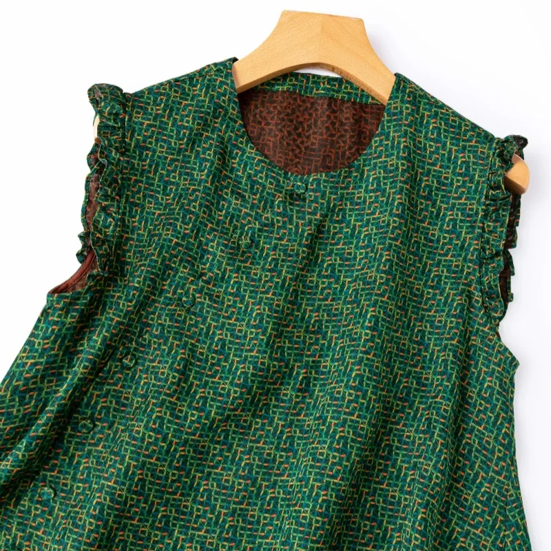 Birdtree, 100% Silk Print Tshirt, O-neck Slanted Collar Top, Women Woven Luo Xiangyunsha Silk Shirt, 2026 Summer New T66517JF