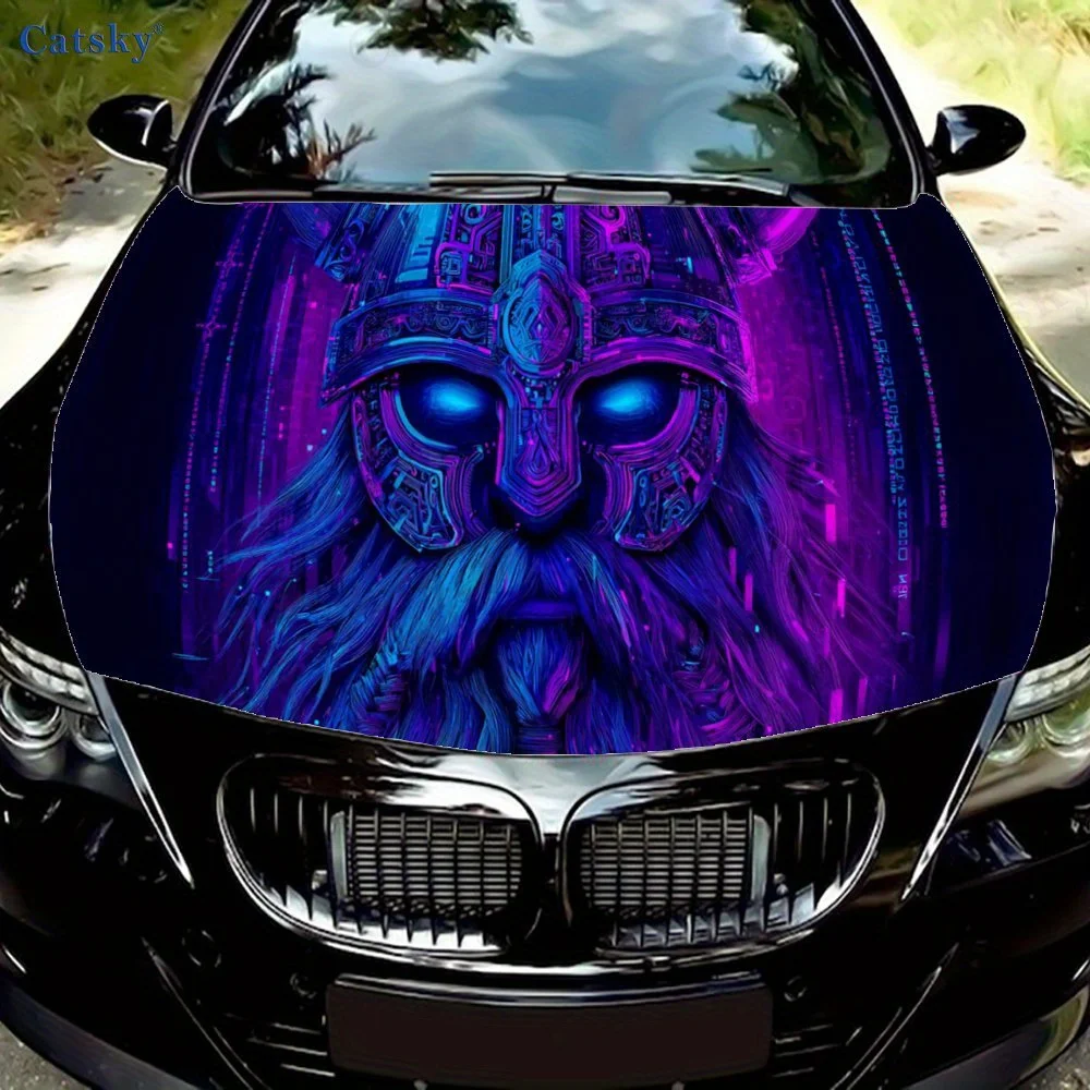 

Cyberpunk Nordic War God Car Vinyl Wrap, PVC Waterproof Car Hood Sticker, Self-Adhesive Scratch-Resistant Stickers for Engine Co