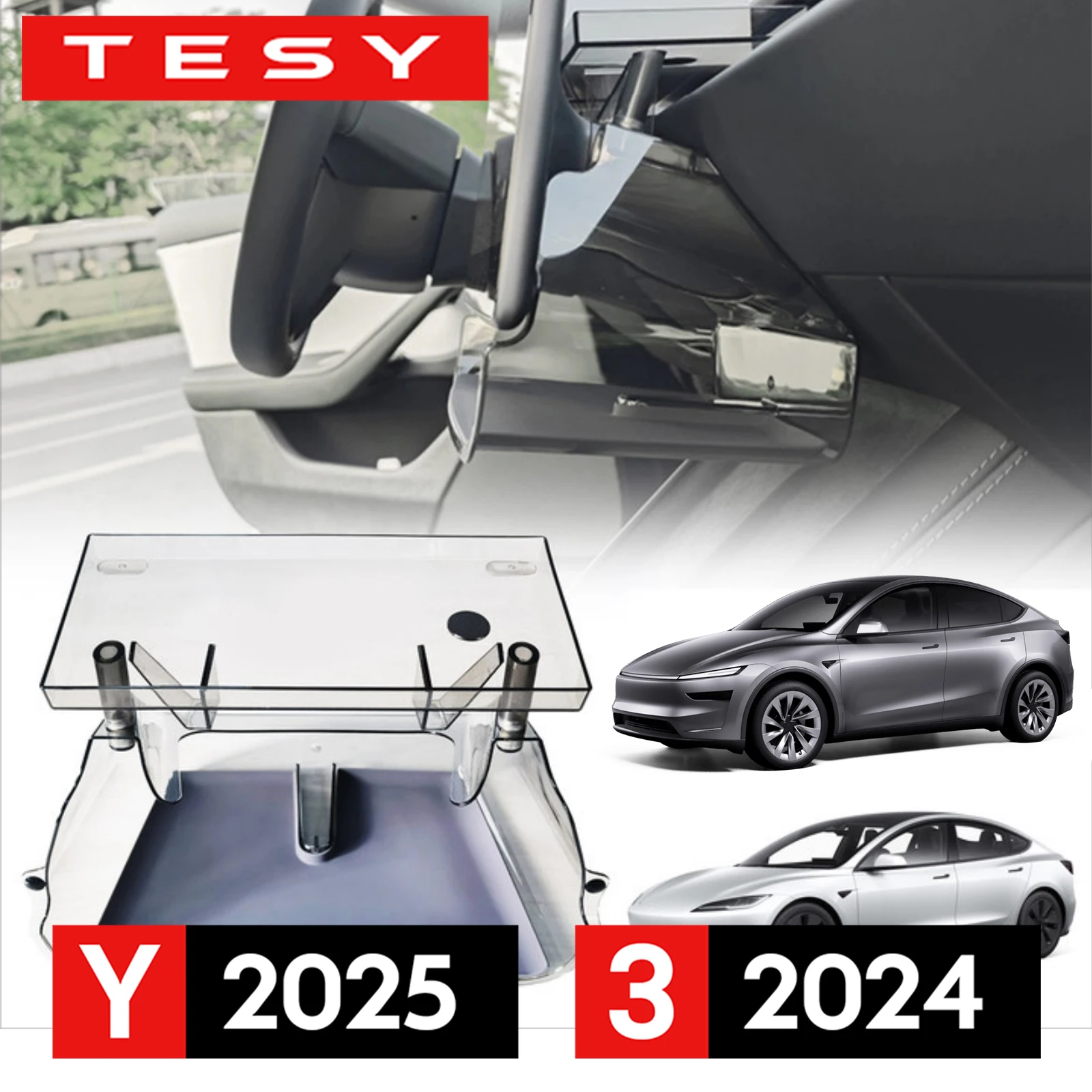 for 2024 Tesla Model Y Launch 2025 Model 3 Highland Rear Screen Storage Tray Transparent with Anti-Slip Liner Magnetic Structure