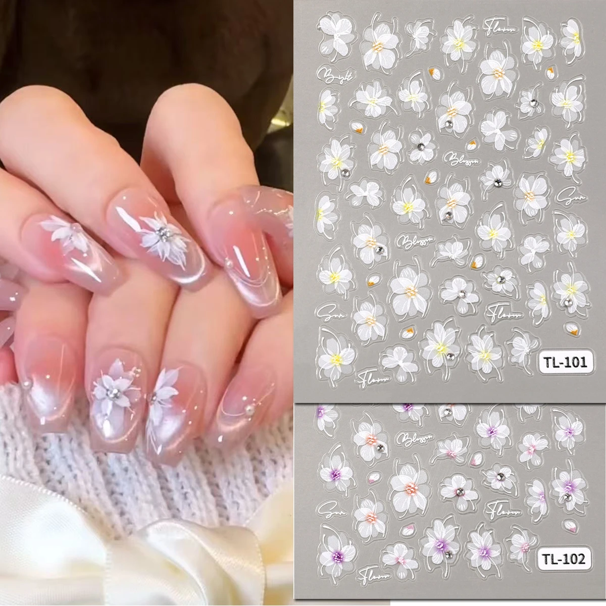 5D Embossed Nail Art Decals Spring Diamond Studs Blossom White Flowers Self-Adhesive Nail Stickers Decorations For Manicure