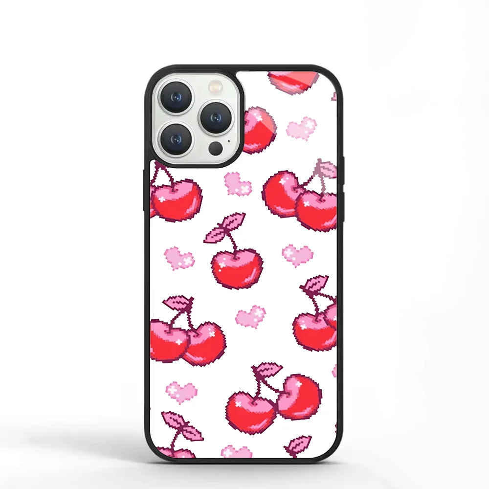 

Pixel Cherry Pattern Phone Case For IPhone 11 12 13 14 15 Plus Pro Max Mirror Acrylic PC TPU Cover