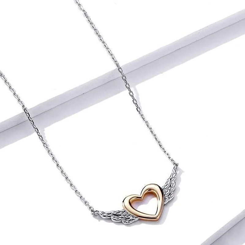 Huitan Two Tone Hollow Out Heart Wing Pendant Necklace for Women Romantic Bridal Wedding Neck Accessories New Statement Jewelry