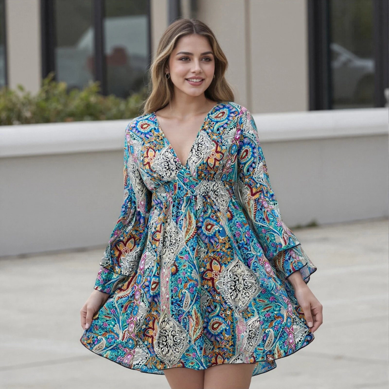 

2025 Fashion Women's Deep V Neck Oversized Dress Bohemian Long Bell Sleeve Paisley Print Mini Dress Vacation Plus Size Dresses