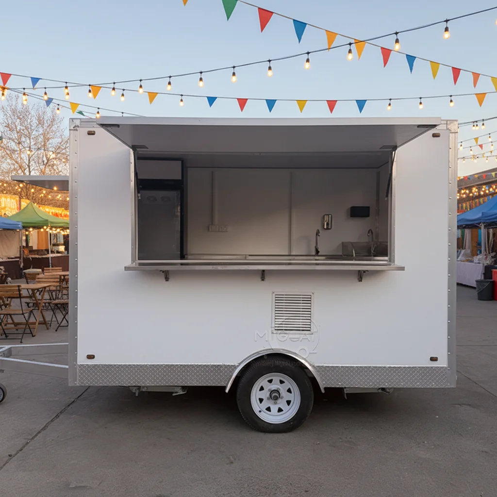 

White Mobile Fiberglass Fast Food Snack Food Trailer with Rust Resistant Insulated Compartments for Street Vending and Catering