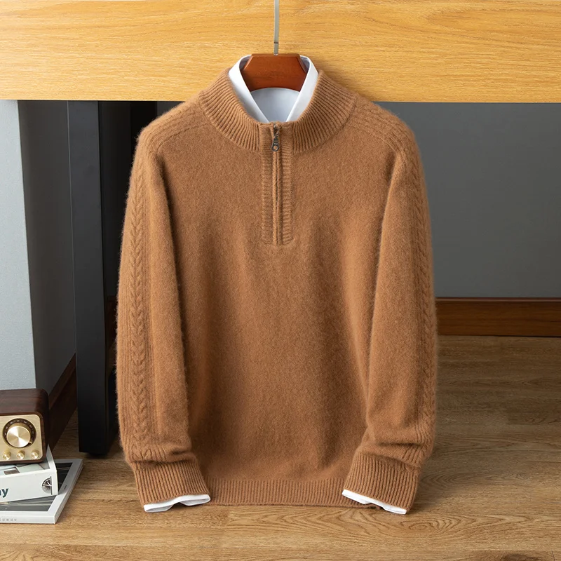 الرجال 100% الكشمير النقي البلوز الأعمال عادية محبوك سترة فضفاضة نصف سستة نصف عالية طوق سميكة البلوز الدافئة