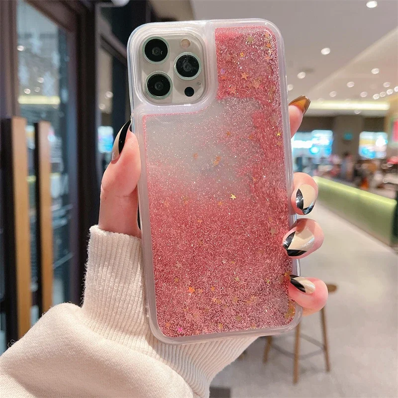 Shiny Sparkles Quicksand Soft Case for iPhone 14 16 15 Pro Max Plus Fashion Heart Sequins Phone Cover Shell Women Fundas Housing