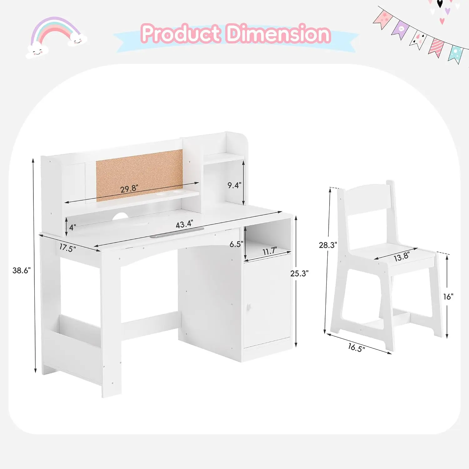 Kids Study Desk Set Wooden Tiltable Desktop Hutch Storage Cabinet Art Table for Girls Boys White, Customized