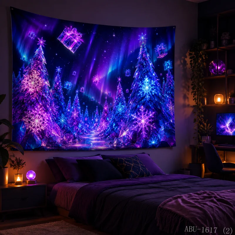 VIKAMA Aurora Ice Crystal Christmas Tree Luminous Gift Box Christmas Tapestry Background Hanging Cloth Living Room Decoration