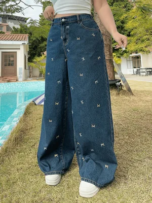 Y2K Retro Butterfly Embroidery Wide Leg Jeans Women American Streetwear High Waist Loose Denim Pants Harajuku Baggy Trousers