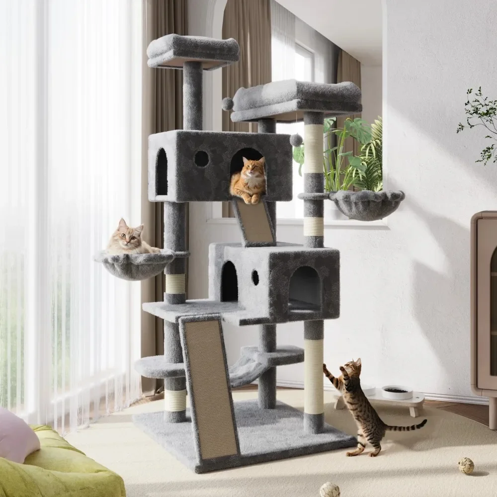 

Cat Tree, 65.7" Large Cat Tree and Tower Condo for Indoor Cats with 2 Scratching Boards, Hammock & Post, Gray，STRONG STRUCTURE