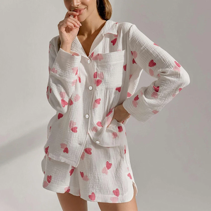 Autumn New Sleepwear Women\'s Cotton Pyjama 100% Cotton Heart Print Long-sleeved Shorts Pajamas Home Wears Soft 2Pcs Nightwear