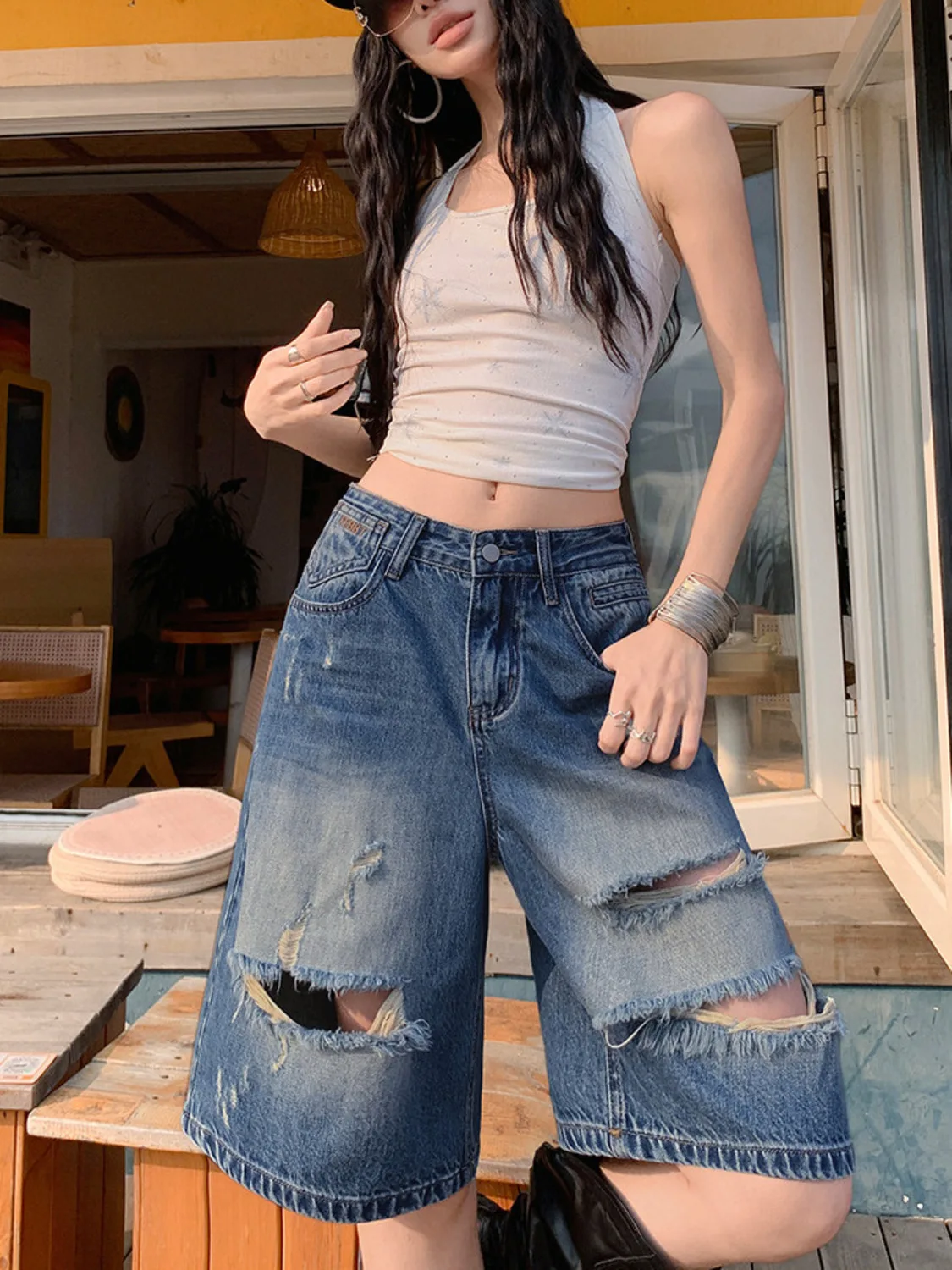 Women High Waist Wide Leg Ripped Denim Bermuda Shorts Vintage Washed Distressed Culottes Capri Jean Shorts Y2K Streetwear Summer view 6