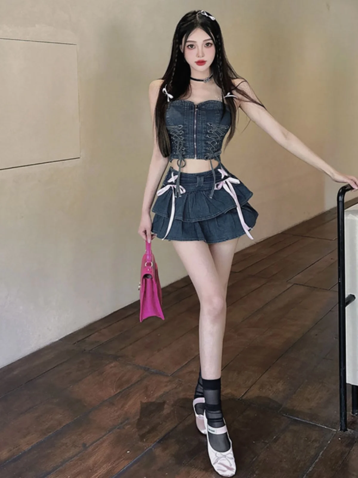 

Fashionable Sweet And Spicy Style Denim Two-Piece Set Short Sleeve Vest And Skirt Summer Collection Women's Comfortable Cotto...