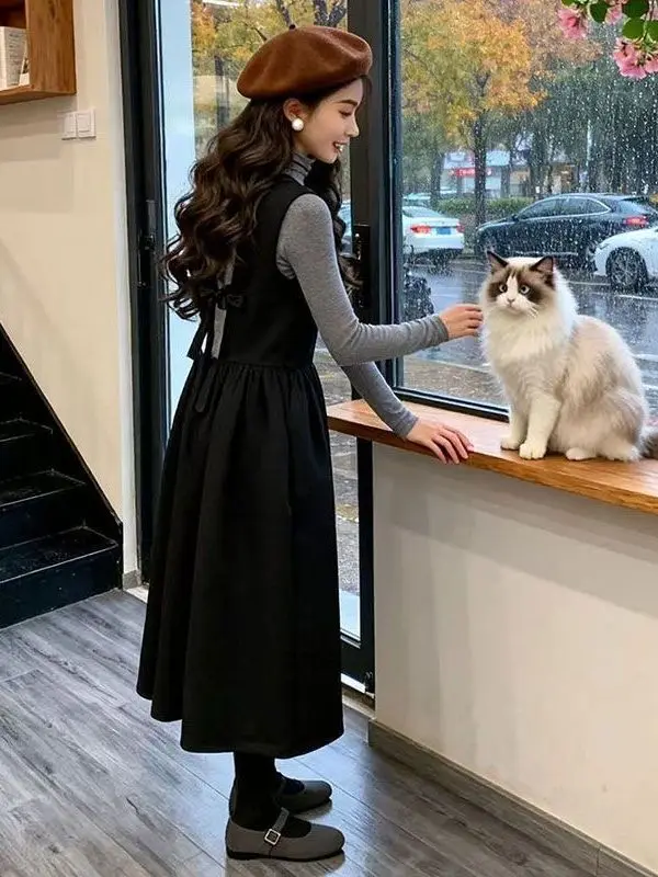 dress set korean style Loose Fit Long Sleeve Cotton Vest And Dress Set Women's Korean Style Spring  Fashion Ensemble High Waist Knot Design