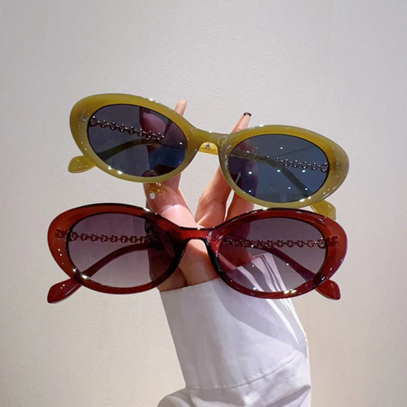 Luxury Brand Designer Small Frame Oval Sunglasses Women For Men Vintage Fashion Sun Glasses Trendy Punk Metal Chain Shades UV400