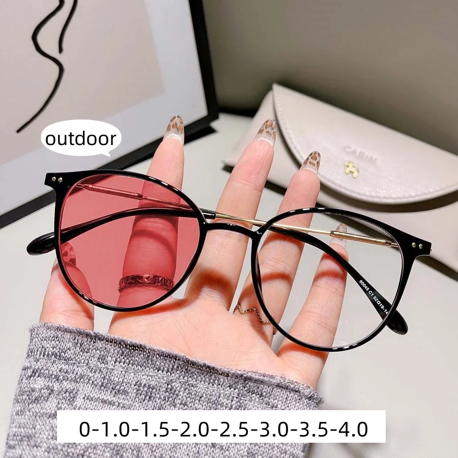 Fashion Anti Blue Light Photochromic Myopia Glasses Unisex Oval Frame Near Sight Color Changing Eyeglasses 0-1.0-1.5-2.0-2.5-4.0