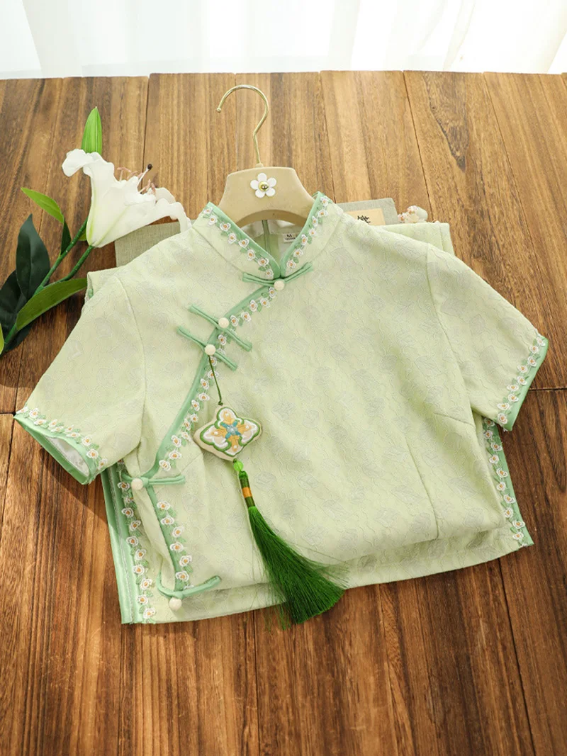 

2023 Green Lace Cheongsam Chinese Style Women Vintage Dress Improved Qipao Slim Girl Elegant Short Sleeve Dresses S to XXL