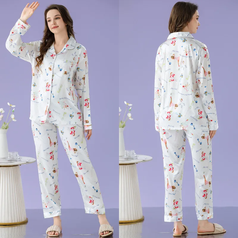 Conjunto de Pijama de satén de seda sintética para Mujer, ropa de dormir de manga larga con estampado de bolsillo, primavera y otoño, 2 piezas