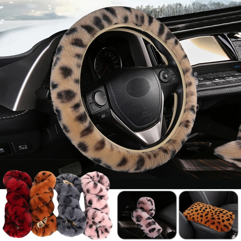 Luxury Leopard Winter Car Steering Wheel Cover Fur Imitation Rabbit Hair Soft Plush Gear Handbrake Case Car Interior Accessories