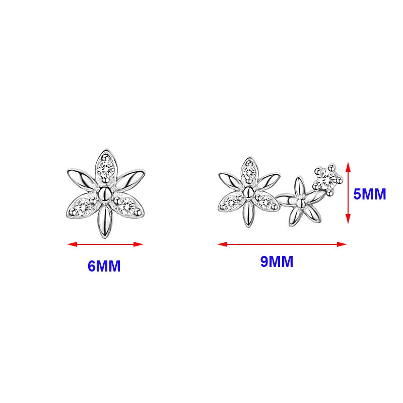 Real 925 Sterling Silver Asymmetric Zircon Flower Mini Stud Earrings For Women Party Classic Fine Jewelry Exquisite Accessories