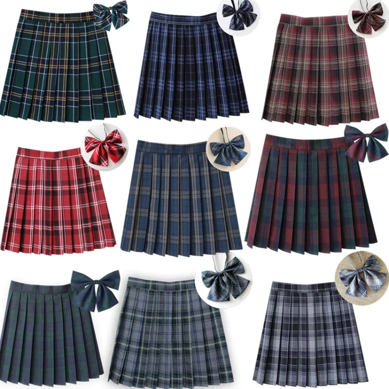 

Women's Pleated Plaid Skirts Mini Tennis Skirt Harajuku JK with Neck Bow Adjustable Waist Japanese School Uniform Short Skirt