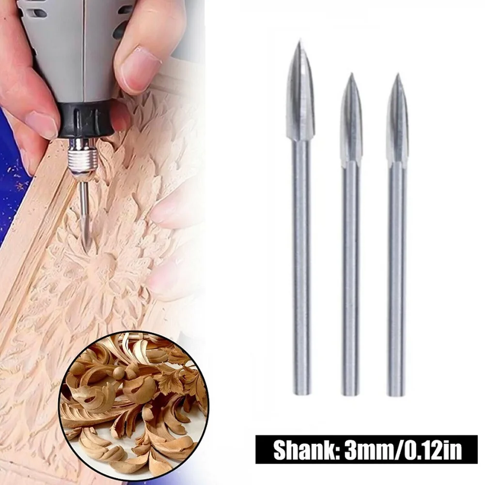 3pcs Wood Carving Drill Bits Set, 3mm Shank Carbide Burrs For Rotary Tools, HSS Engraving Cutters For Woodworking D