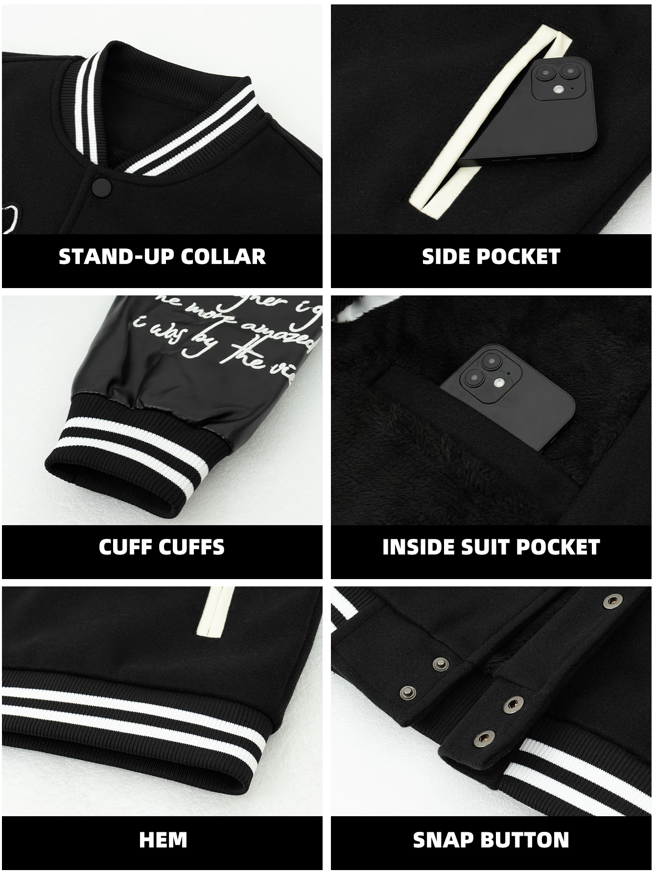 Men\'s Plush Inner Bomber Jackets Loose Wool+Leather Varsity Baseball Coats Vintage Graphic Embroidery Jacket For Fall&Winter