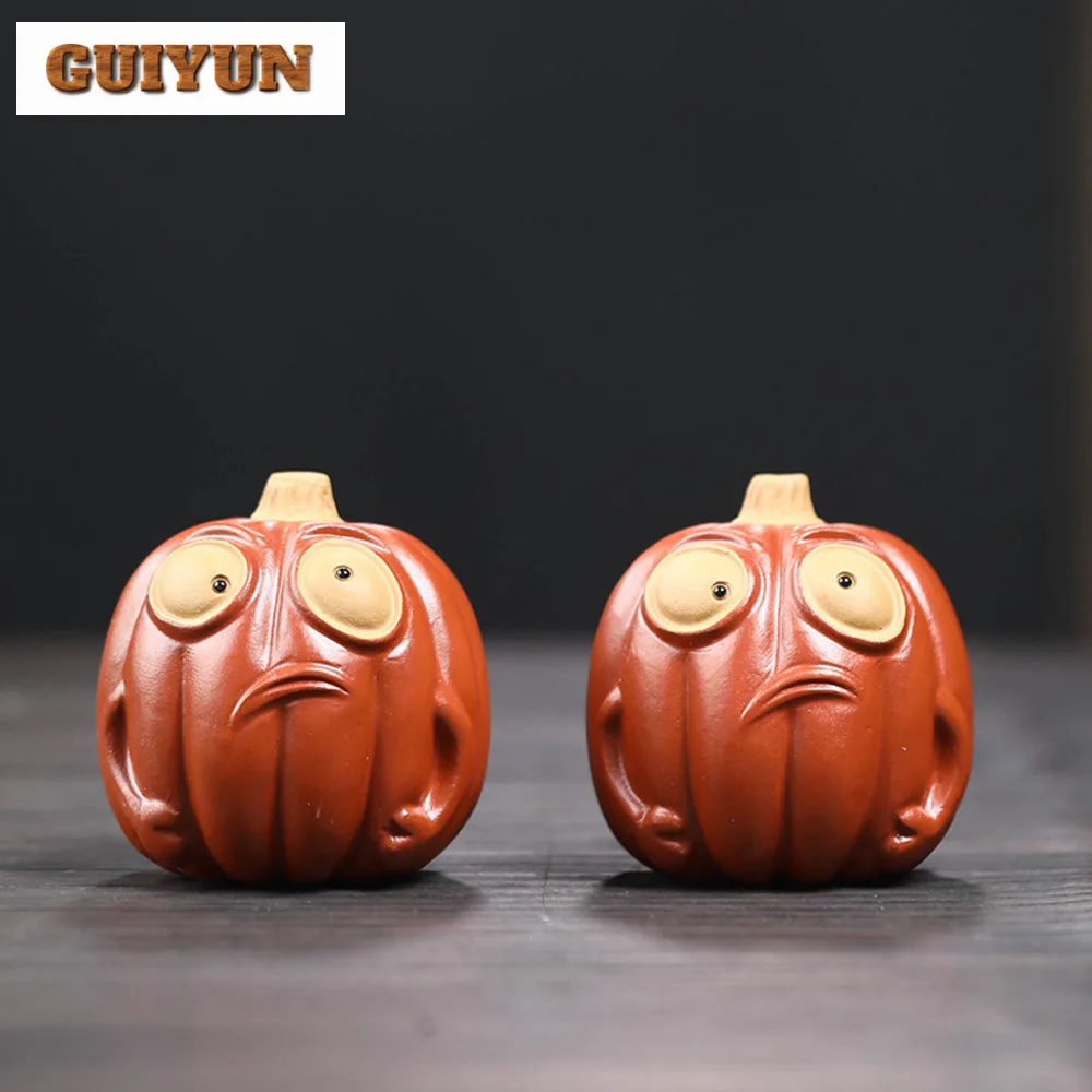 Handmade Ghost Pumpkin Purple Clay Tea Pet Boutique Halloween Tea Play Figurine Toys Sculpture Statue Tableware Supplies Crafts