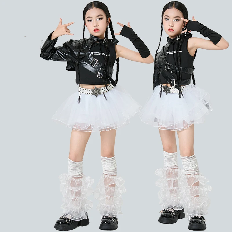 

2025 Children Ballroom Hip Hop Dance Costumes For Girls Black Leather Tops White Skirts Suit Kids Jazz Performance Wear DQS19688