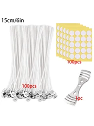 100피스 6인치 면 양초 심지, 파라핀 심지 코팅, 100피스 양초 심지 스티커 및 DIY 간장 밀랍 양초 만들기용 금속 양초 심지 홀더 1개