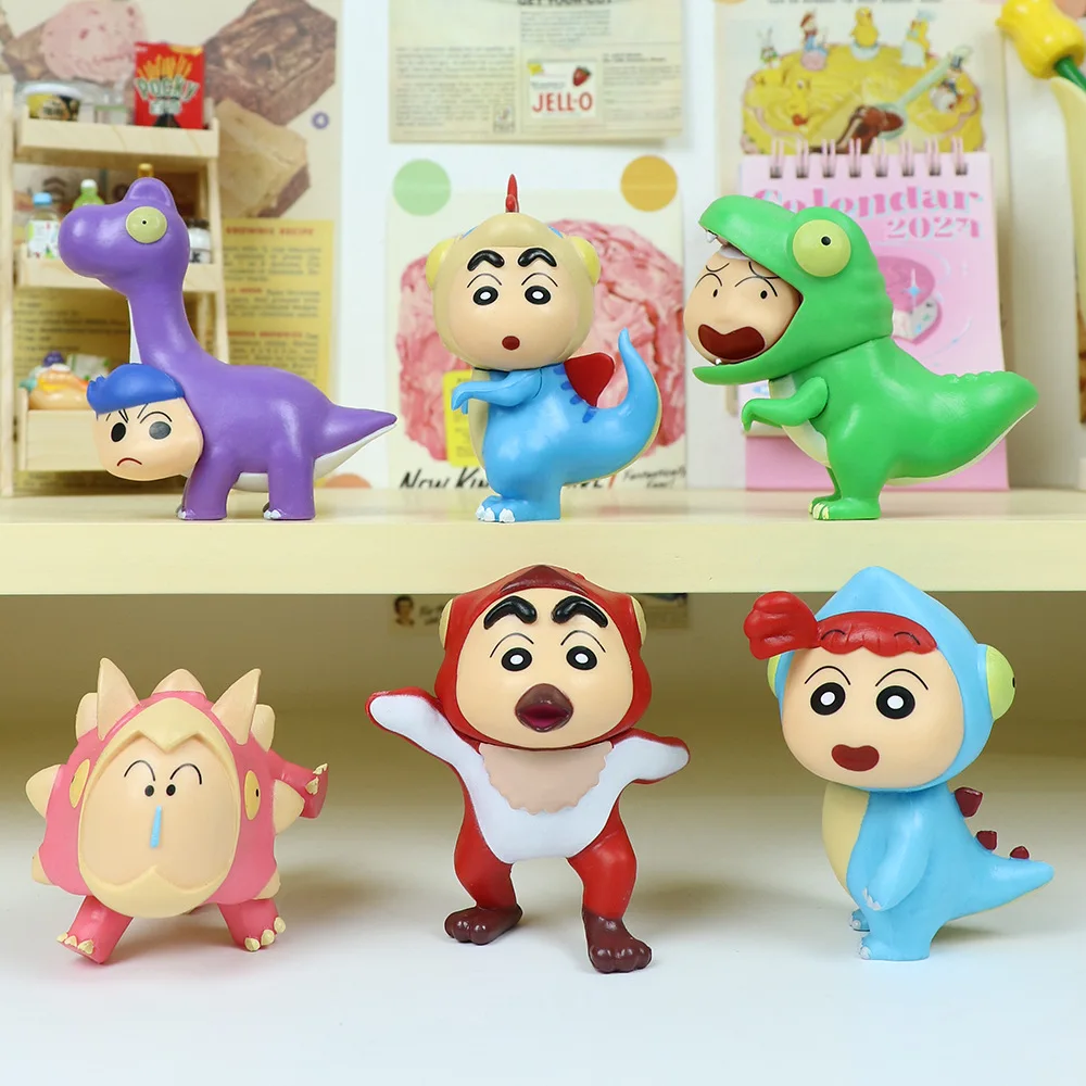 6pcs Crayon Shin-chan Shinnosuke Nohara cos Dinosaur Series Cute PVC Action Figures Charm Model Toys Gift For Boys Girls