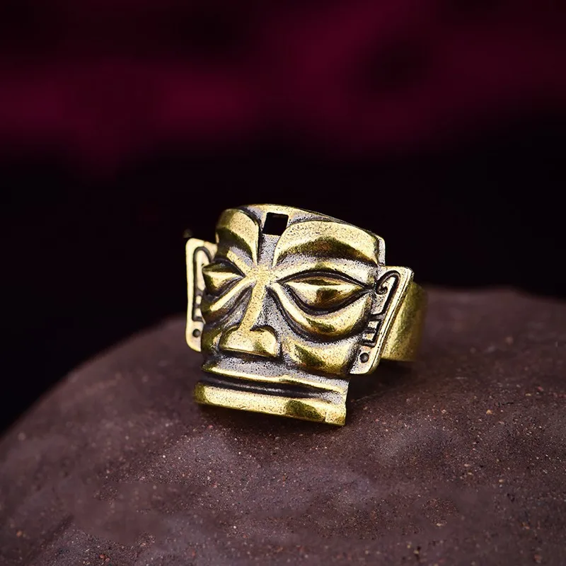 Retro Sanxingdui Mask Ring For Men Punk Gothic Open Ring Handmade Unisex Designer Jewelry Cultural Accessories Creative Gift