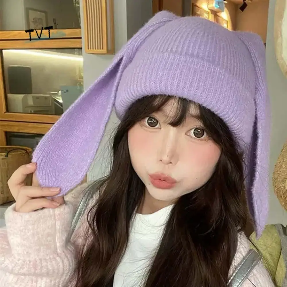 

Woolen Hat Elastic Bunny Pullover Cap Korean Style Soft Rabbit Ears Cap Trendy Dome Brimless Beanie Hat Women