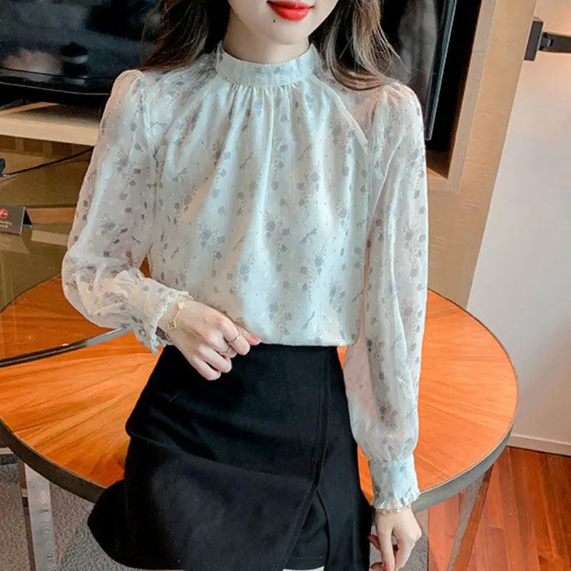 Clothes for Women 2024 Korean Fashion Print Ruffled Blouse Elegant Chic Stand Collar Chiffon Shirt Casual Long Sleeve Loose Tops